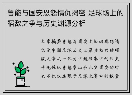 鲁能与国安恩怨情仇揭密 足球场上的宿敌之争与历史渊源分析